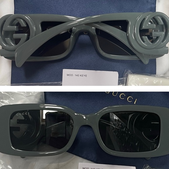 GUCCI 2023 RECTANGLE IN A SMOKE GREEN COLOR WITH MAXI BOLD “GG” LOGO SUNGLASSES - Picture 15 of 16